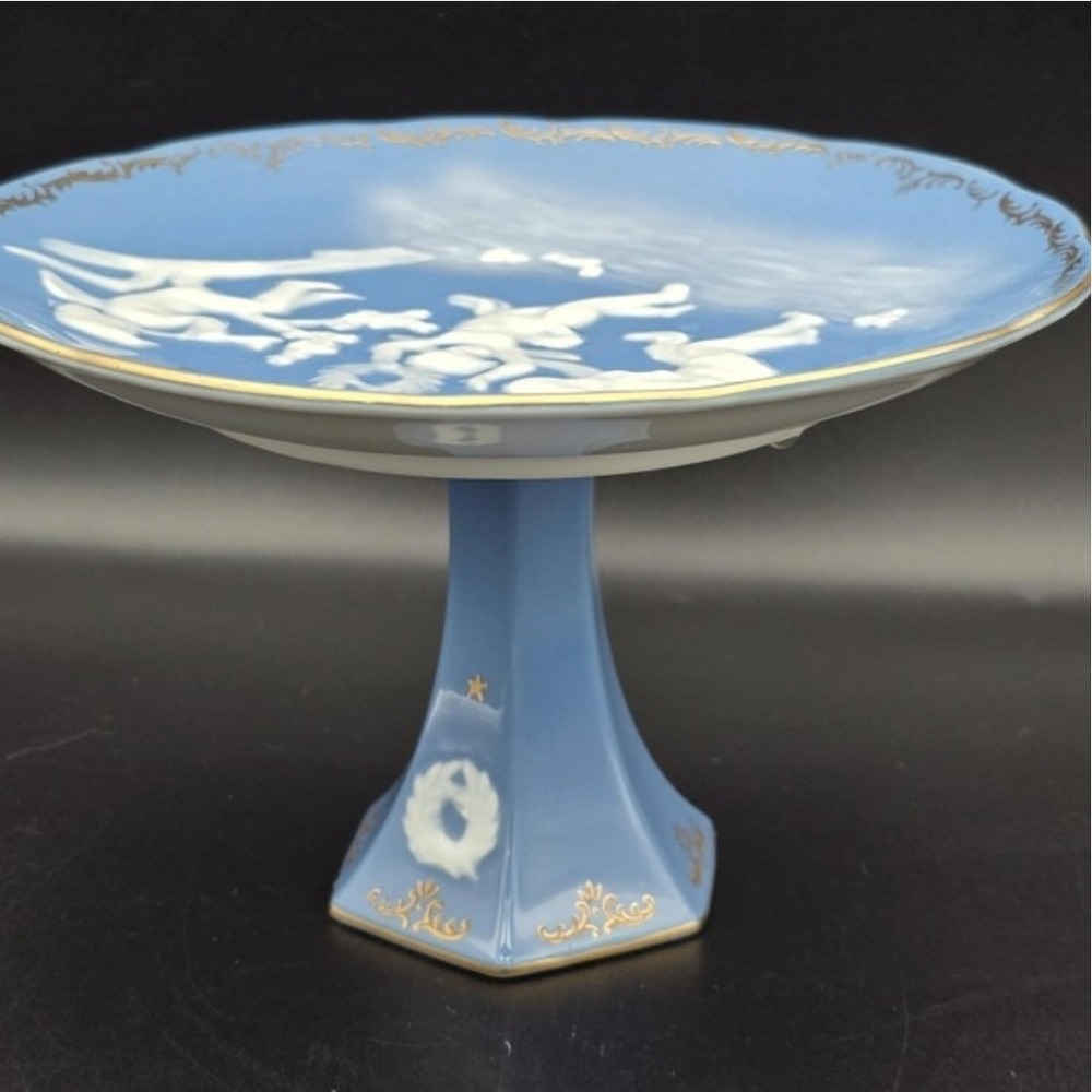 Vintage Blue Jasperware Pedestal Compote with Cherub Design Blue Angels 6410